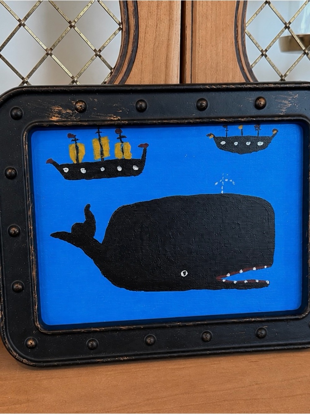 Original Folk Art Whale Painting | Framed Nautical 5x7 Canvas, Classic Nantucket - Picture 4 of 6